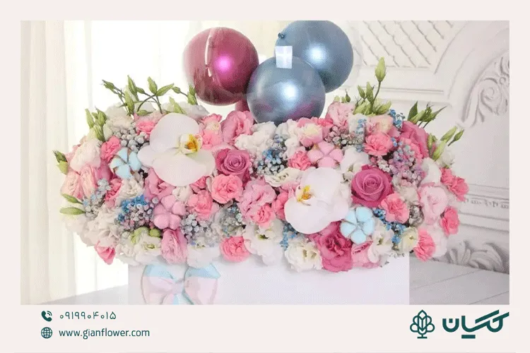 غکس باکس گل برای تولد مدل ژیران به همراه بادکنک بوبو